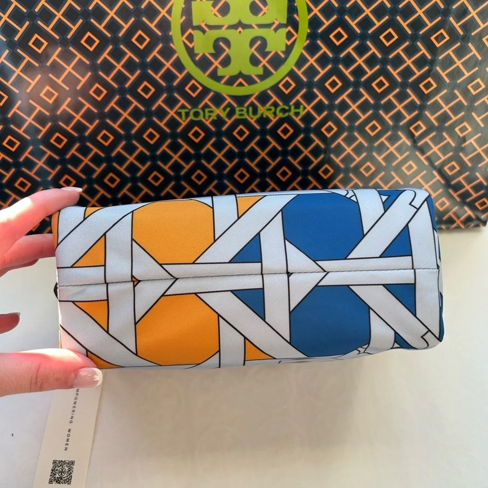 Tory Burch Nylon Basketweave Cosmetic Case Blue Basketweave Colorblock Brown